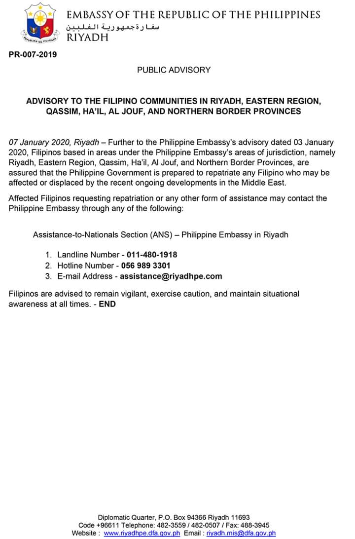 ADVISORY TO THE FILIPINO COMMUNITIES IN RIYADH, EASTERN REGION, QASSIM, HA’IL, AL JOUF, AND NORTHERN BORDER PROVINCES