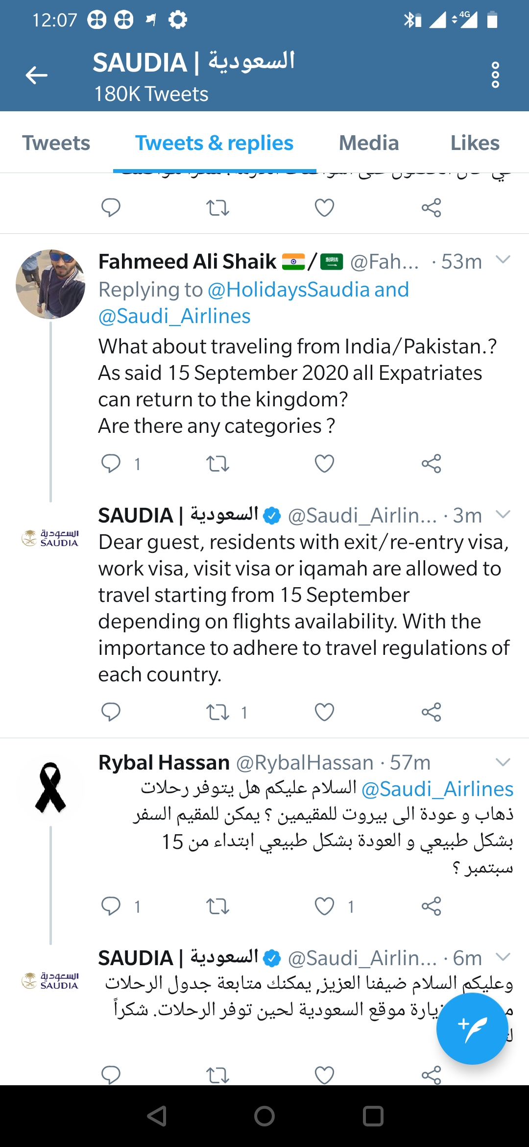 Saudia Airlines Responded to a User query regarding travel from Sep 15th