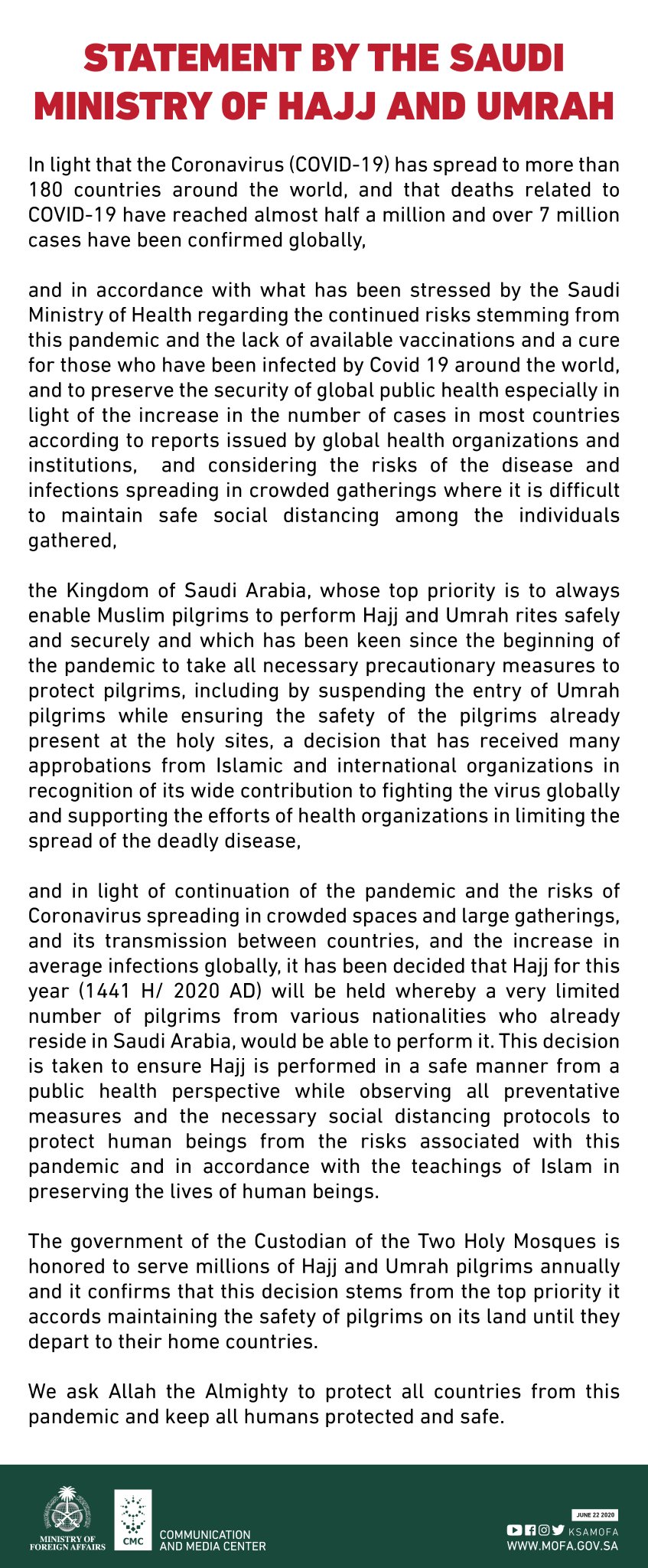 Statement issued by the Ministry of Hajj and Umrah regarding Hajj of 2020